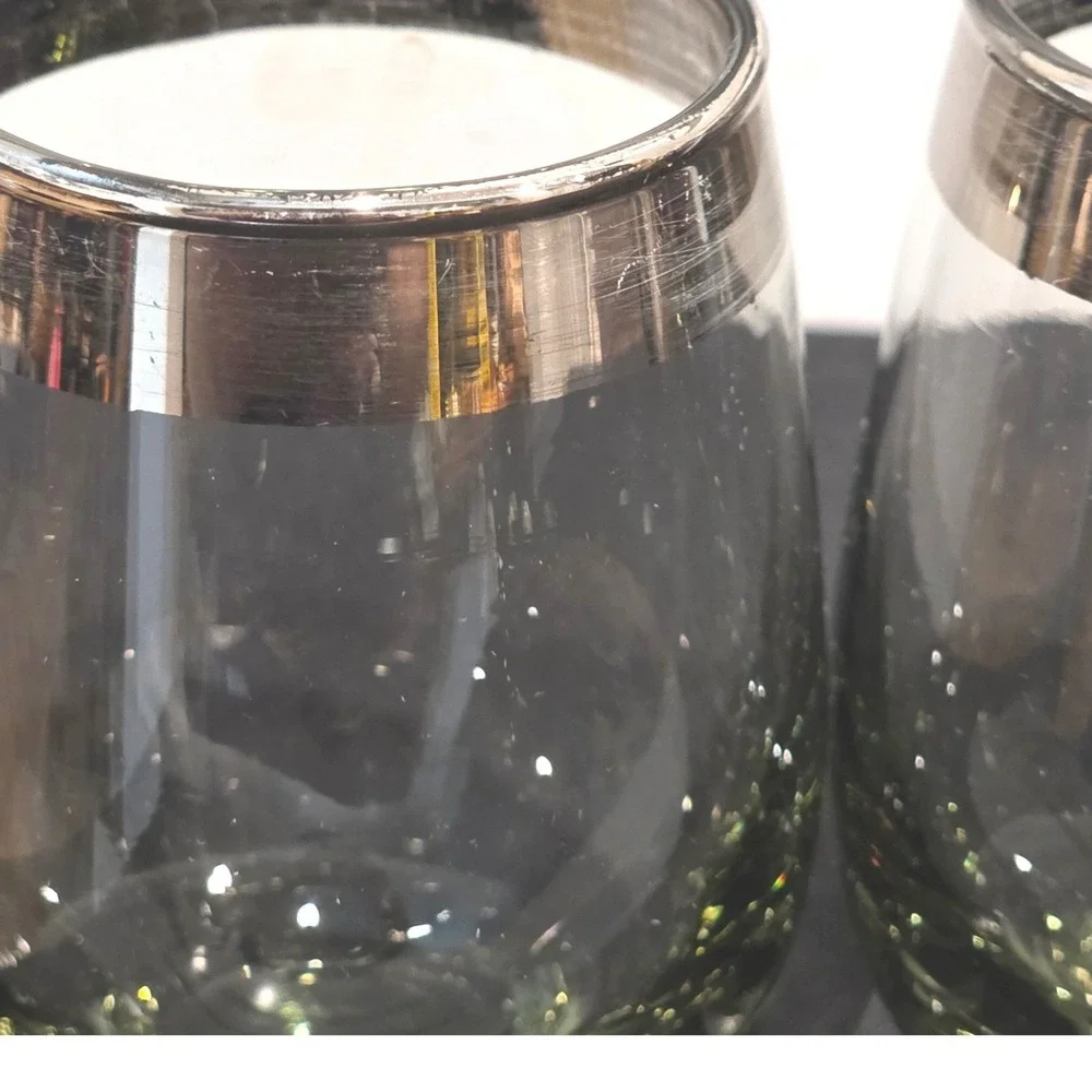 Vintage MCM Drinkware Smoke Green Barware Metallic Trim Retro Stemless‎ Set of 5
